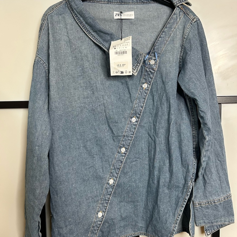 Zara Blue Asymmetrical Button-Up Shirt